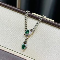 S925 Sterling Silver Emerald Double-Headed Snake Tassel Necklace
