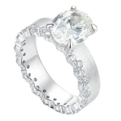 3 carat dove egg diamond ring with lace border in brushed S925 silver with rhinestones, exquisitely handcrafted in Italy.