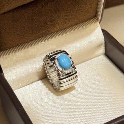 S925 Sterling Silver Turquoise Satin Wide Stripe Ring: High-end feel, classic blue turquoise frame, exquisite Italian design.