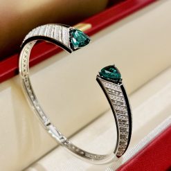 S925 silver triangle green diamond open bracelet, zebra stripe pattern with solid diamond, simulated classic emerald