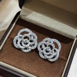 S925 Sterling Silver Camellia Openwork Earrings: Luxurious and Elegant with Full Diamonds