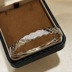 Sterling Silver S925 Bracelet with diagonal bangle and Diamond pattern, polished surface with half diamond, elegant and classic design