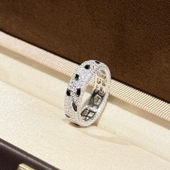 Black Dot Diamond Ring in S925 Silver with Exquisite Leopard Print on Black Enamel