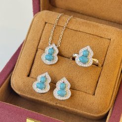 S925 Sterling Silver Turquoise Gourd Earring Necklace Ring Three-Piece Set with High-End Bezel Setting