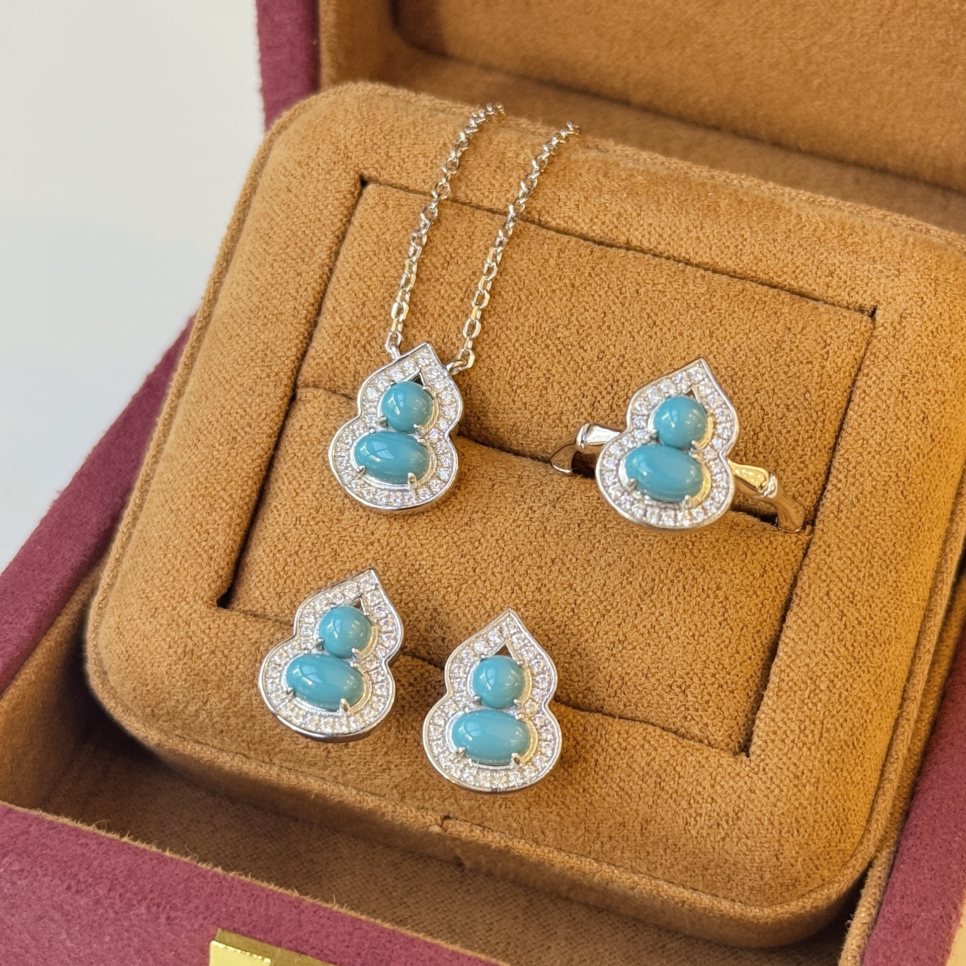 S925 Sterling Silver Turquoise Gourd Earring Necklace Ring Three-Piece Set with High-End Bezel Setting S925 Sterling Silver Turquoise Gourd Earring Necklace Ring Three-Piece Set with High-End Bezel Setting