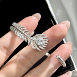 S925 Sterling Silver Feather Open Bracelet with Diamonds: High-end, luxurious and elegant, fully inlaid with sparkling diamonds.