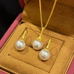 S925 Sterling Silver Luxury Brushed Pearl Necklace, Clavicle Chain, Ear Hook and Stud Earrings Set, Adjustable Length