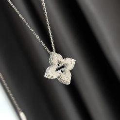 S925 Sterling Silver Openwork Brushed Diamond-Set Four-Leaf Clover Necklace