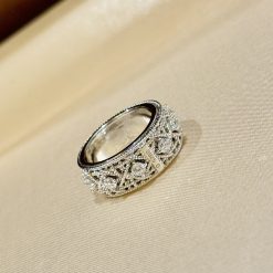 S925 sterling silver cannage patterned diamond ring, white gold for a sophisticated, luxurious, classic, and versatile look.