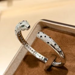 S925 Sterling Silver Spotted Leopard Bangle with Full Diamonds Open Design