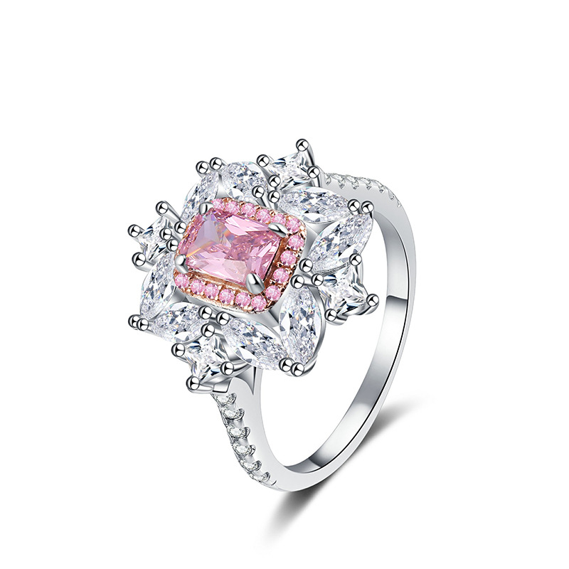 Women's S925 sterling silver ring with rectangular princess design in pink. High-end ring with a simple style. Women's S925 sterling silver ring with rectangular princess design in pink. High-end ring with a simple style.