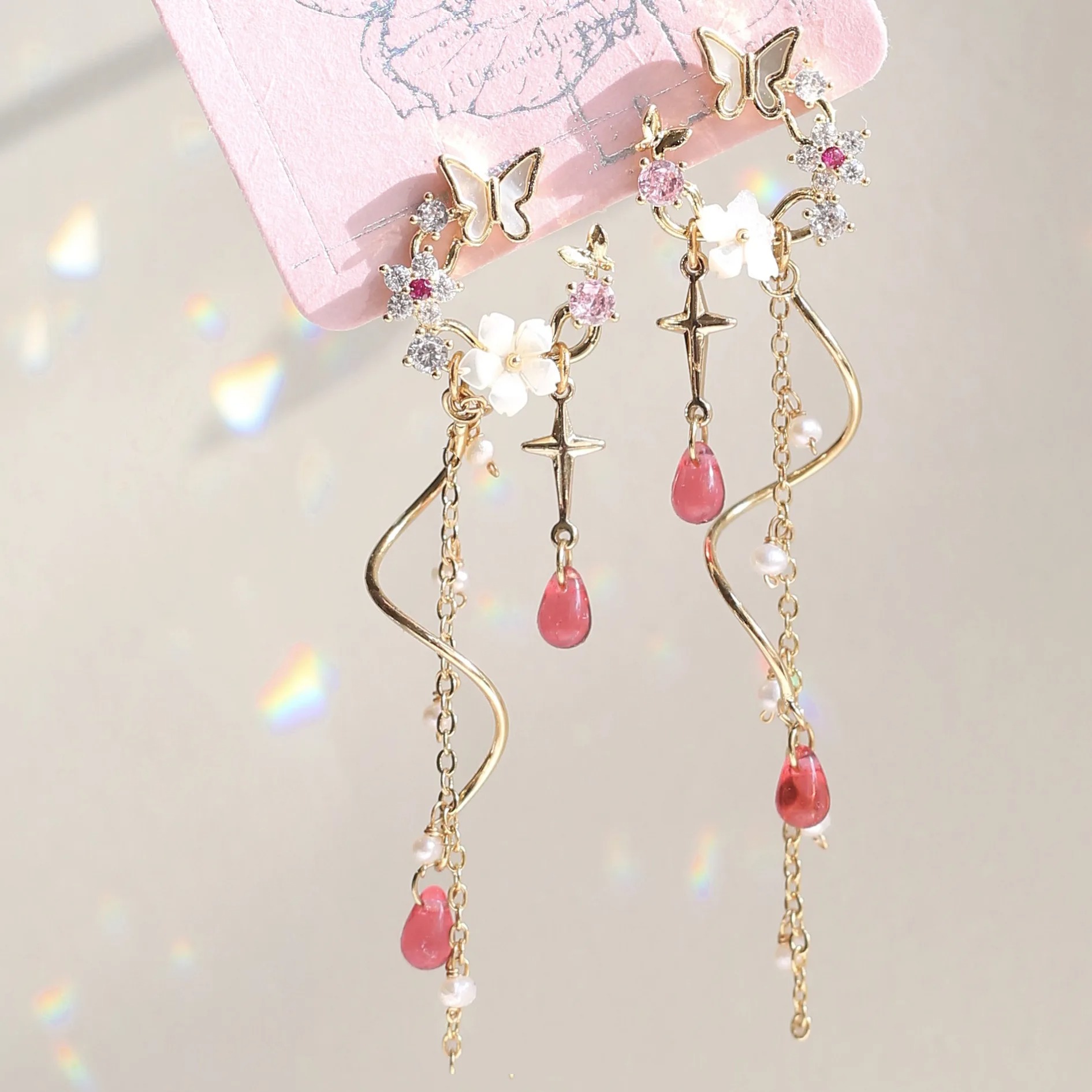 Butterfly Flowers Zircon Tassel Earrings Women Light Luxury Temperamen 01