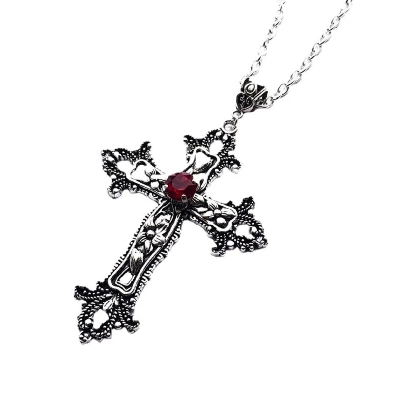 Detailed Cross Drill Pendant Necklace Silver Color Tone Gothic Punk Jewellery 01