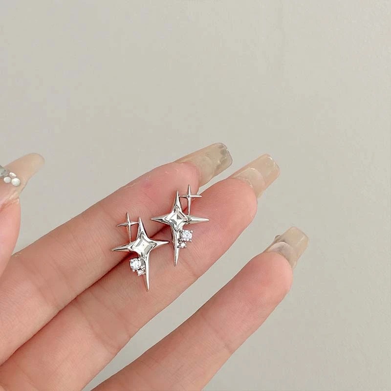 Silver Color Cross Star Zircon Stud Earrings For Women Girl Korean Four-pointed Star 01