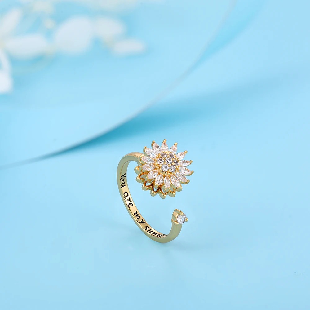 Fidget Anti Stress Anxiety Rings For Women Stainless Steel Gold-plated Rotatable Sun Star 01