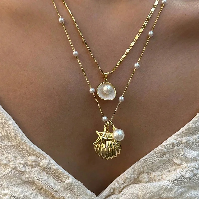 Plated Starfish Shell Pendant Necklace Summer Imitation Pearl Necklaces For Women Girls 01