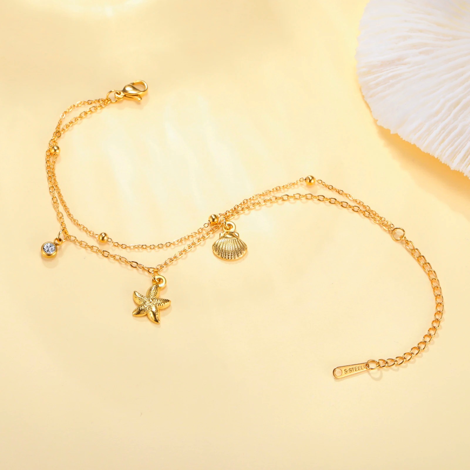 Starfish Seashell Charms Women's Bracelet Stainless Steel Summer Beach Jewelry 01