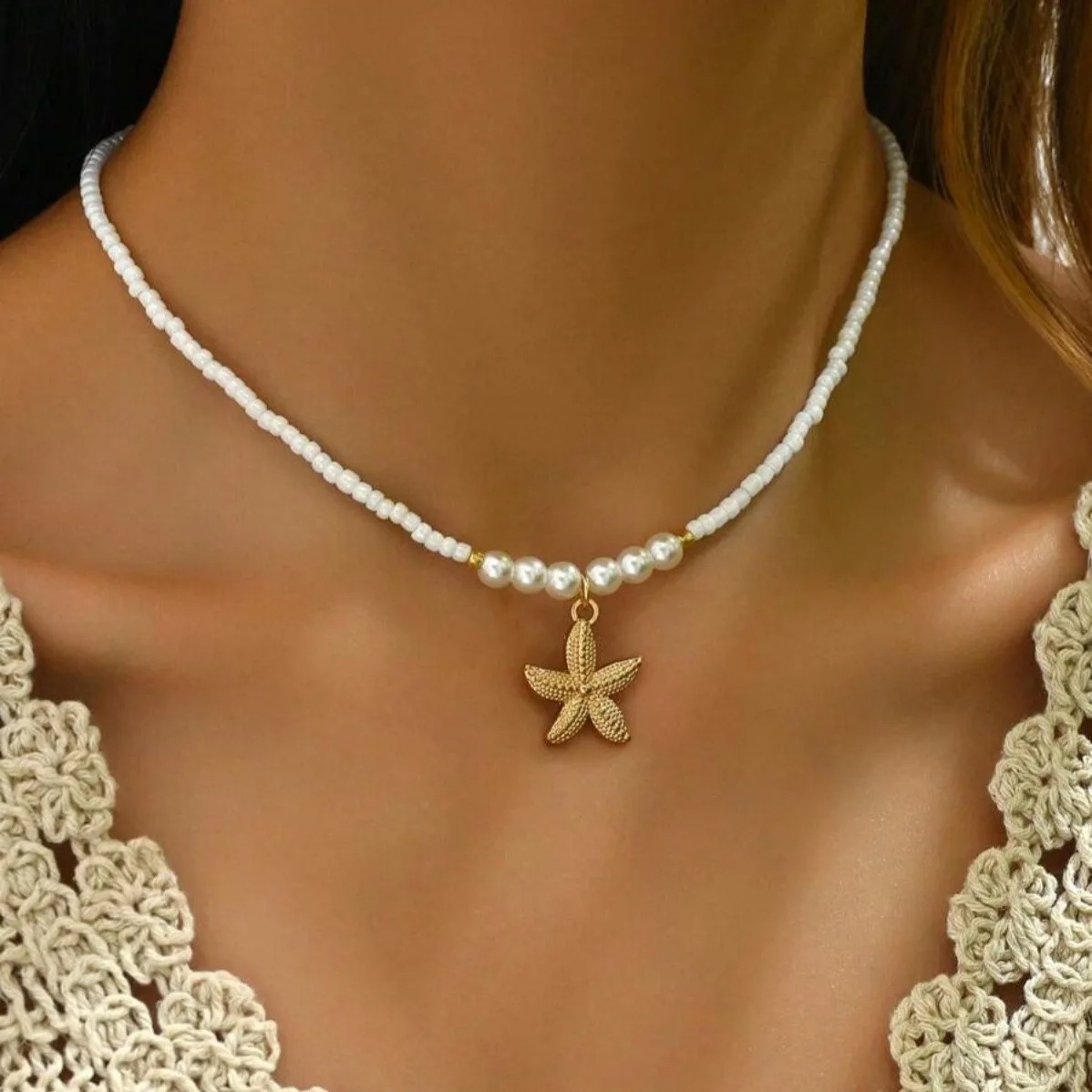 Rice Beads Starfish Pendant Necklace For Women Handmade Imitation Pearl 01