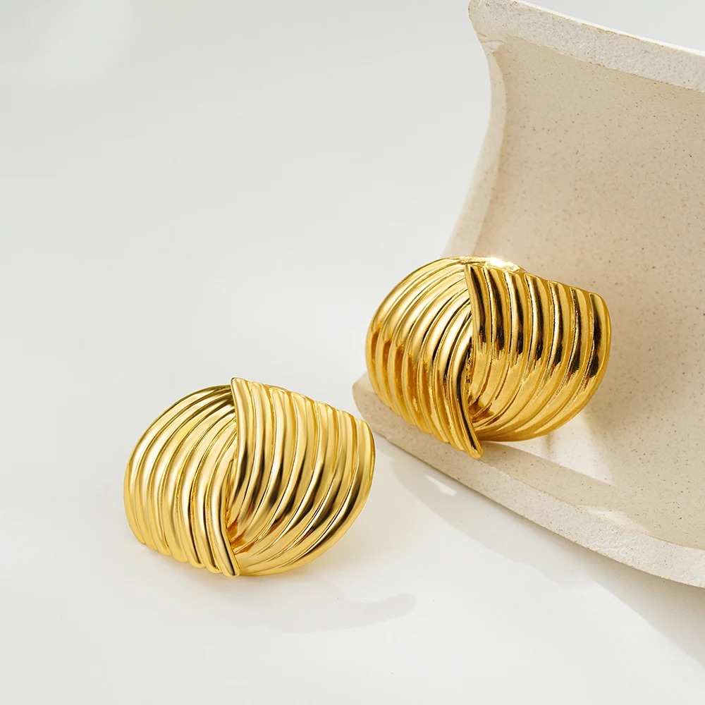 Retro Textured Intersecting Earrings For Women Multilayer Gold Color Stainless Steel Statement Stud Earring Waterproof Jewelry 01