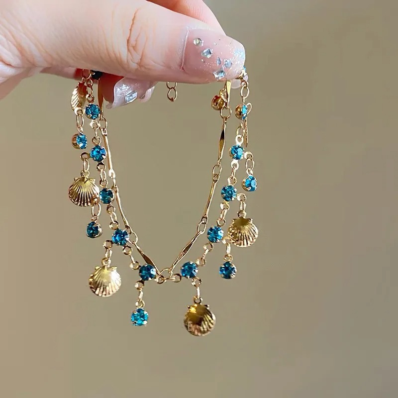French Romantic Blue Crystal Shell Tassels Bracelet For Women Luxury 01