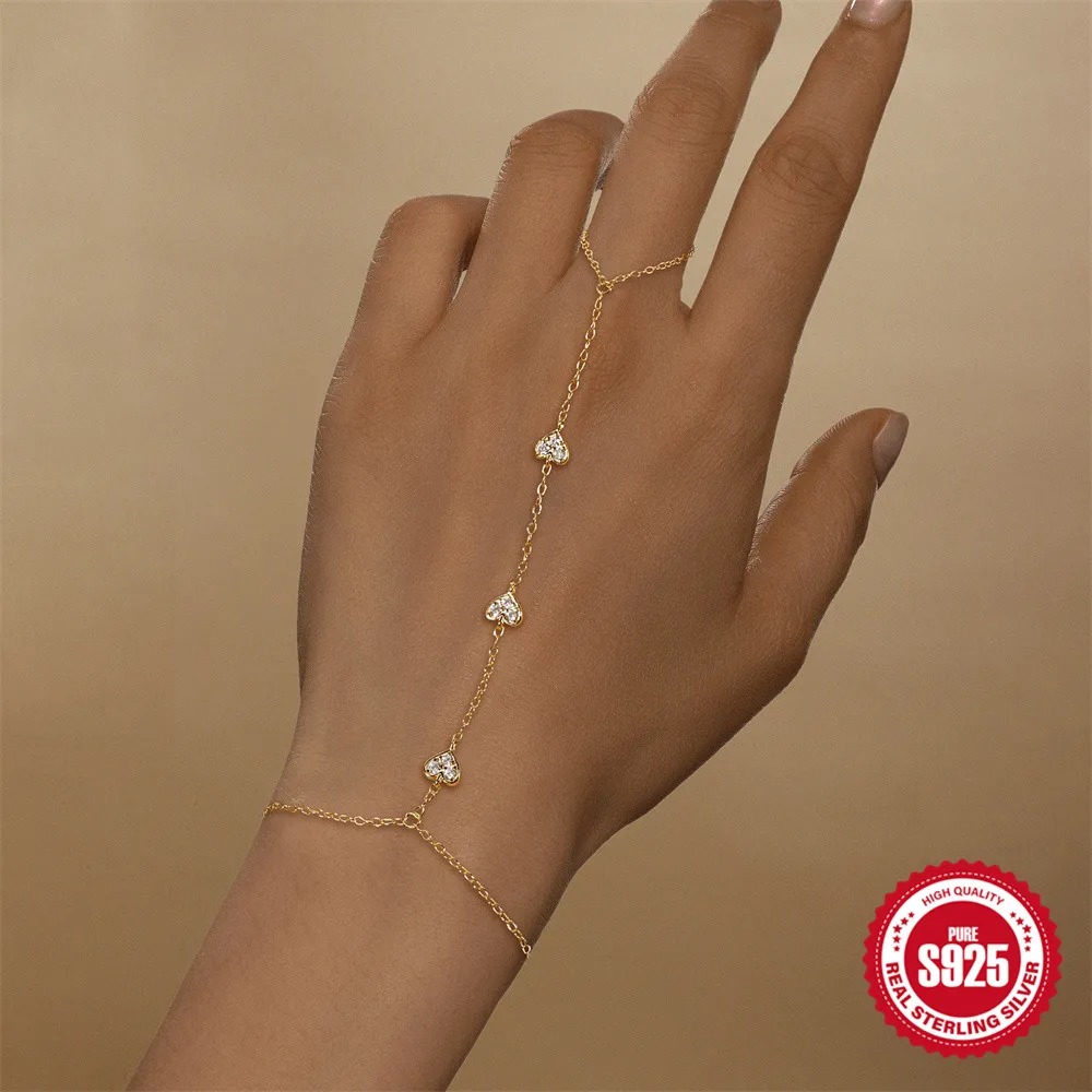 Sterling Silver Heart Shape Petal Cz Sparking Zircon Bracelet Ring Chain For Women 01