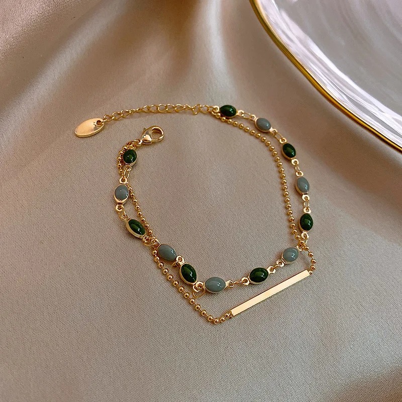 Vintage Double Layer Green Oil Dropping Bracelet For Women Simple Gold Color Beaded Chain 01