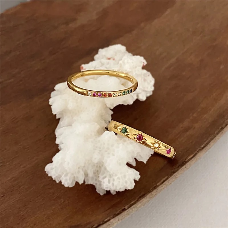 Set Stainless Steel Rainbow Color Cubic Zircon Stone Finger Rings For Women 01