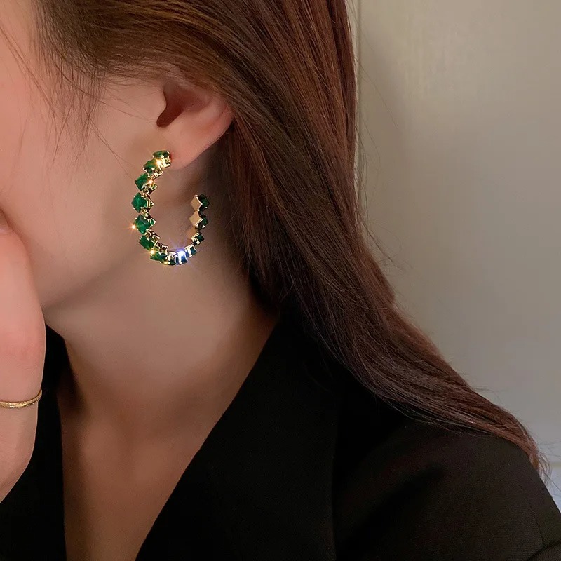 Luxury High Quality Inlay Hoop Earrings Round Green Zircon Crystal Earrings For Women 01