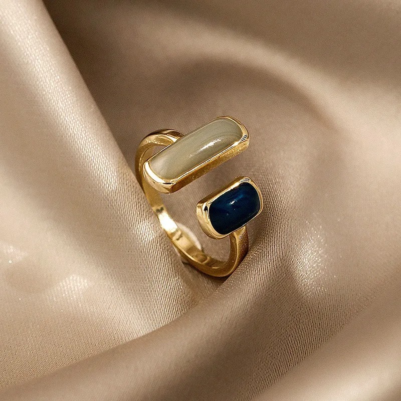 Square Blue Drip Glaze Ring For Women Retro Geometric Gold Color Metal 01